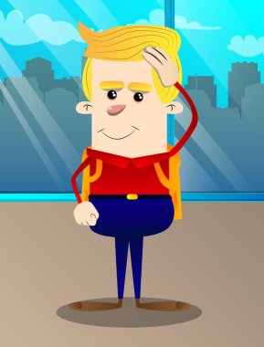 Elini başının üstüne koyarak okul çocuğu. Vektör çizgi film karakteri çizim.