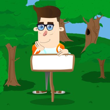 Ahşap hakkında boş kağıt okul çocuğu. Vektör çizgi film karakteri çizim.