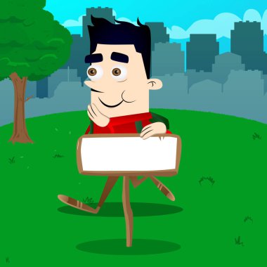 Ahşap hakkında boş kağıt okul çocuğu. Vektör çizgi film karakteri çizim.