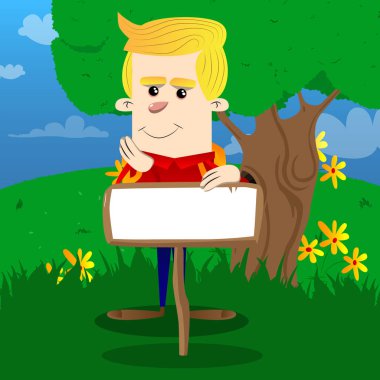 Ahşap hakkında boş kağıt okul çocuğu. Vektör çizgi film karakteri çizim.