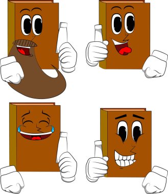 Hamur boş tüp tutan kitaplar. Karikatür kitap koleksiyonu ile mutlu yüzler. İfadeler kümesi vektör.