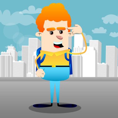 Hayali bir silahı kafasına koyarak okul çocuğu. Vektör çizgi film karakteri çizim.