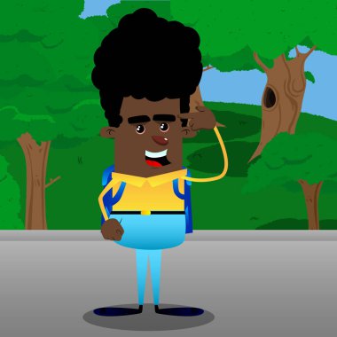 Hayali bir silahı kafasına koyarak okul çocuğu. Vektör çizgi film karakteri çizim.