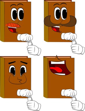 Kitap boş bir tüp Hamur açma. Karikatür kitap koleksiyonu ile mutlu yüzler. İfadeler kümesi vektör.