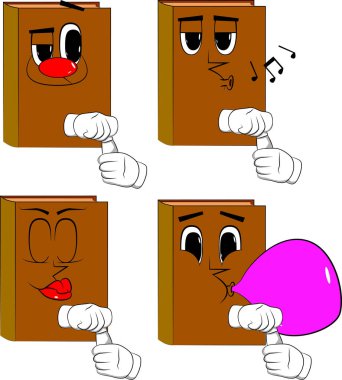 Kitap boş bir tüp Hamur açma. Karikatür kitap koleksiyonu ile çeşitli yüzleri. İfadeler kümesi vektör.