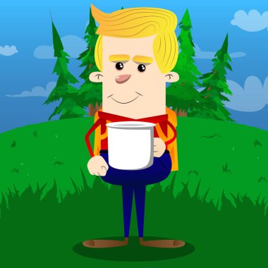 Okul çocuğu holding büyük kupa. Vektör çizgi film karakteri çizim.