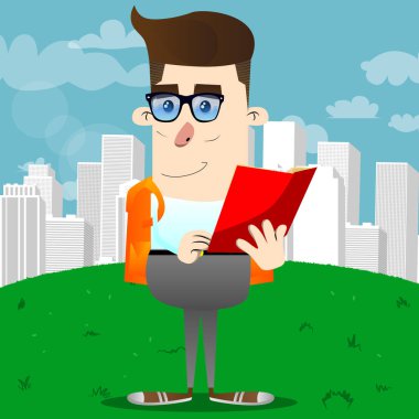 Kırmızı kitap okuyarak okul çocuğu. Vektör çizgi film karakteri çizim.