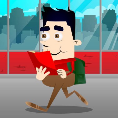 Kırmızı kitap okuyarak okul çocuğu. Vektör çizgi film karakteri çizim.