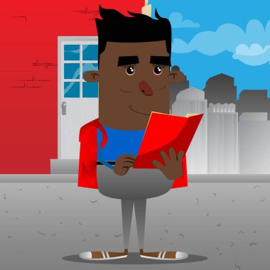 Kırmızı kitap okuyarak okul çocuğu. Vektör çizgi film karakteri çizim.