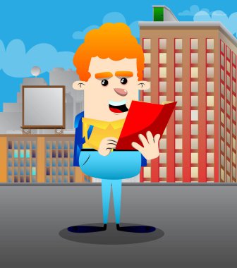 Kırmızı kitap okuyarak okul çocuğu. Vektör çizgi film karakteri çizim.