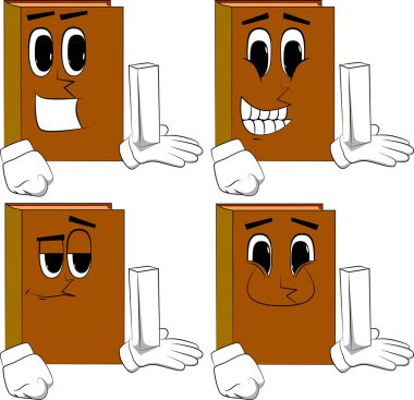 Beyaz uzun kutu tutan kitaplar. Karikatür kitap koleksiyonu ile mutlu yüzler. İfadeler kümesi vektör.