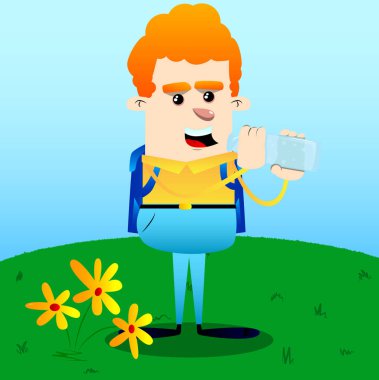 Okul çocuğu içme suyu cam şişe. Vektör çizgi film karakteri çizim.