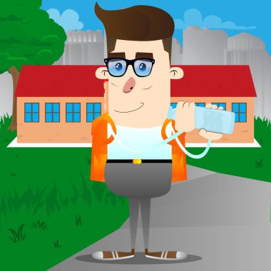 Okul çocuğu içme suyu cam şişe. Vektör çizgi film karakteri çizim.