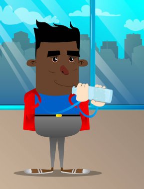 Okul çocuğu içme suyu cam şişe. Vektör çizgi film karakteri çizim.