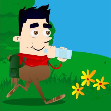 Okul çocuğu içme suyu cam şişe. Vektör çizgi film karakteri çizim.