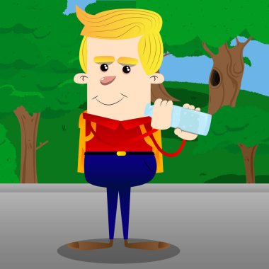 Okul çocuğu içme suyu cam şişe. Vektör çizgi film karakteri çizim.