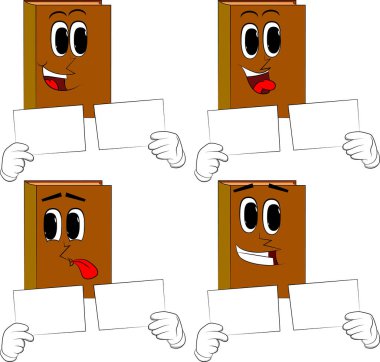 İki beyaz kağıt tutan kitaplar. Karikatür kitap koleksiyonu ile mutlu yüzler. İfadeler kümesi vektör.