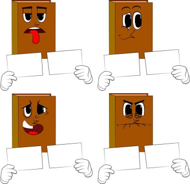 İki beyaz kağıt tutan kitaplar. Üzgün, bıkkın ve kızgın yüzü olan çizgi film kitap koleksiyonu. İfadeler kümesi vektör.