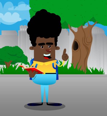 Kırmızı bir kitap okuma ve bir şey anlatmaya okul çocuğu. Vektör çizgi film karakteri çizim.