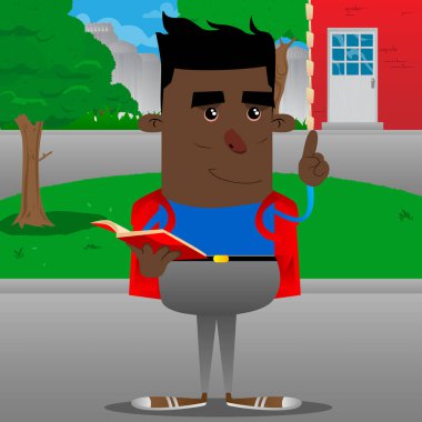 Kırmızı bir kitap okuma ve bir şey anlatmaya okul çocuğu. Vektör çizgi film karakteri çizim.