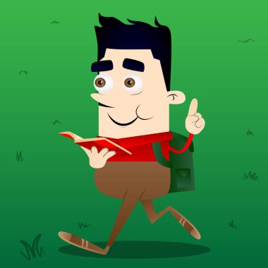 Kırmızı bir kitap okuma ve bir şey anlatmaya okul çocuğu. Vektör çizgi film karakteri çizim.