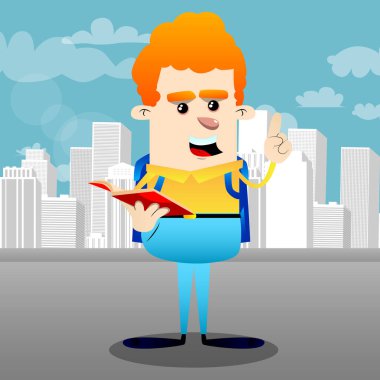 Kırmızı bir kitap okuma ve bir şey anlatmaya okul çocuğu. Vektör çizgi film karakteri çizim.