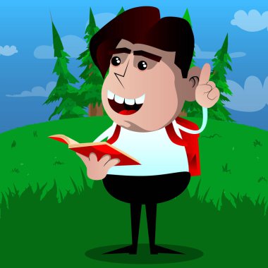 Kırmızı bir kitap okuma ve bir şey anlatmaya okul çocuğu. Vektör çizgi film karakteri çizim.