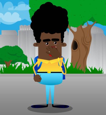 Kötü bir koku yüzünden burnunu tutan okul çocuğu. Vektör çizgi film karakteri çizim.