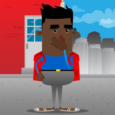 Kötü bir koku yüzünden burnunu tutan okul çocuğu. Vektör çizgi film karakteri çizim.