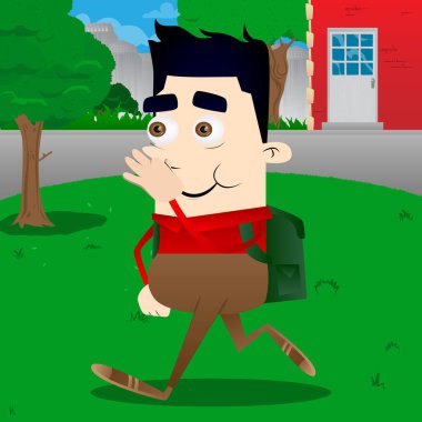 Kötü bir koku yüzünden burnunu tutan okul çocuğu. Vektör çizgi film karakteri çizim.