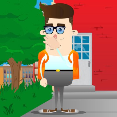 Kötü bir koku yüzünden burnunu tutan okul çocuğu. Vektör çizgi film karakteri çizim.