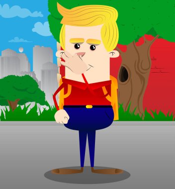 Kötü bir koku yüzünden burnunu tutan okul çocuğu. Vektör çizgi film karakteri çizim.