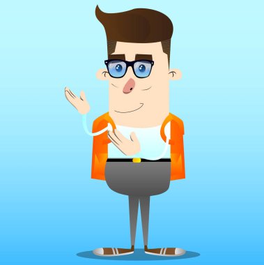 Liseli iki elinizle, güçlü el hareketi bir şeyler gösteriyor. Vektör çizgi film karakteri çizim.