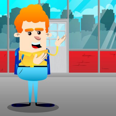 Liseli iki elinizle, güçlü el hareketi bir şeyler gösteriyor. Vektör çizgi film karakteri çizim.