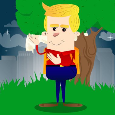 Liseli iki elinizle, güçlü el hareketi bir şeyler gösteriyor. Vektör çizgi film karakteri çizim.