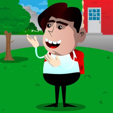 Liseli iki elinizle, güçlü el hareketi bir şeyler gösteriyor. Vektör çizgi film karakteri çizim.