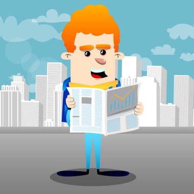 Okul çocuğu okuma gazete. Vektör çizgi film karakteri çizim.