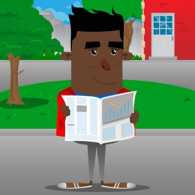 Okul çocuğu okuma gazete. Vektör çizgi film karakteri çizim.