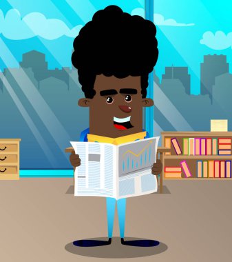 Okul çocuğu okuma gazete. Vektör çizgi film karakteri çizim.