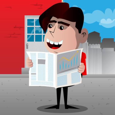 Okul çocuğu okuma gazete. Vektör çizgi film karakteri çizim.