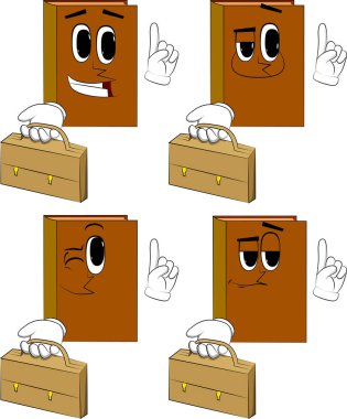 Bavul tutarak ve bir şey anlatmaya kitaplar. Karikatür kitap koleksiyonu ile mutlu yüzler. İfadeler kümesi vektör.
