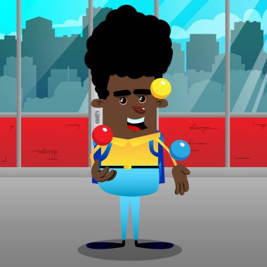 Okul çocuğu hokkabazlık yapmak. Vektör çizgi film karakteri çizim.