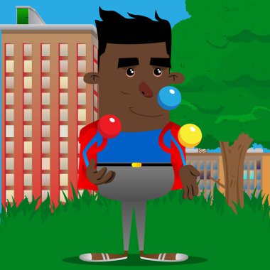 Okul çocuğu hokkabazlık yapmak. Vektör çizgi film karakteri çizim.