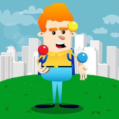 Okul çocuğu hokkabazlık yapmak. Vektör çizgi film karakteri çizim.