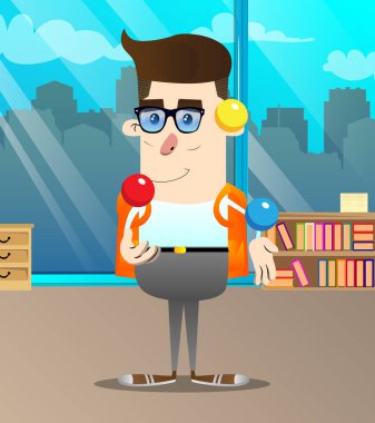 Okul çocuğu hokkabazlık yapmak. Vektör çizgi film karakteri çizim.