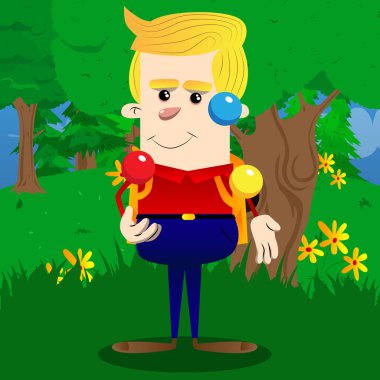 Okul çocuğu hokkabazlık yapmak. Vektör çizgi film karakteri çizim.