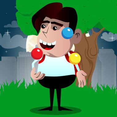 Okul çocuğu hokkabazlık yapmak. Vektör çizgi film karakteri çizim.