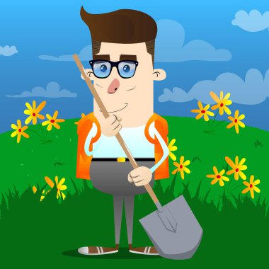 Bir kürek tutan okul çocuğu. Vektör çizgi film karakteri çizim.