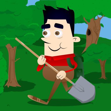 Bir kürek tutan okul çocuğu. Vektör çizgi film karakteri çizim.