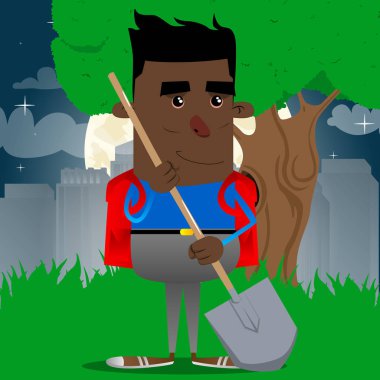 Bir kürek tutan okul çocuğu. Vektör çizgi film karakteri çizim.